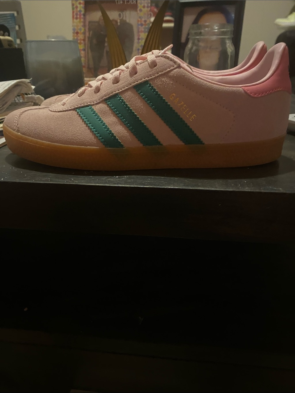 adidas Pink Suede Sneakers with Green Stripes and Gum Sole